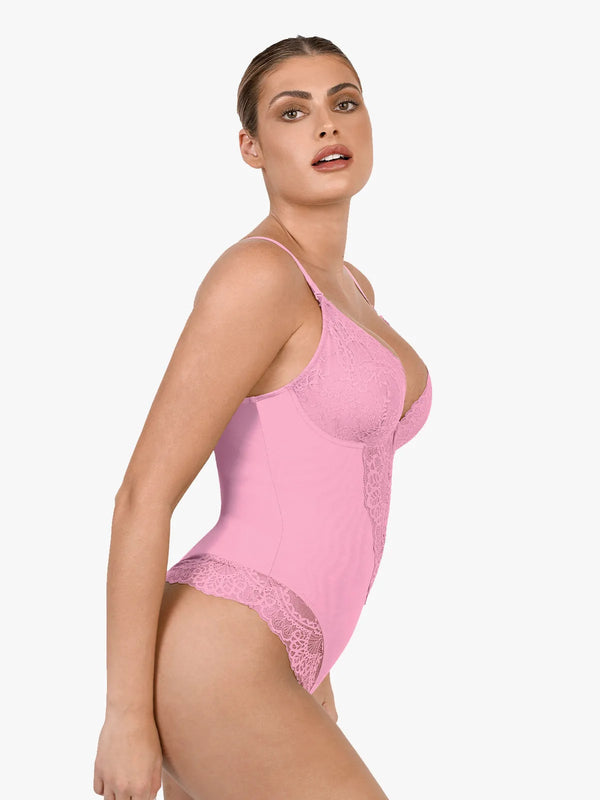 Body modellante con perizoma e scollo a V profondo in pizzo Shapewear