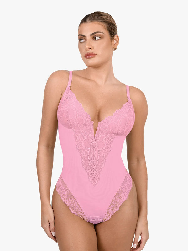 Body modellante con perizoma e scollo a V profondo in pizzo Shapewear