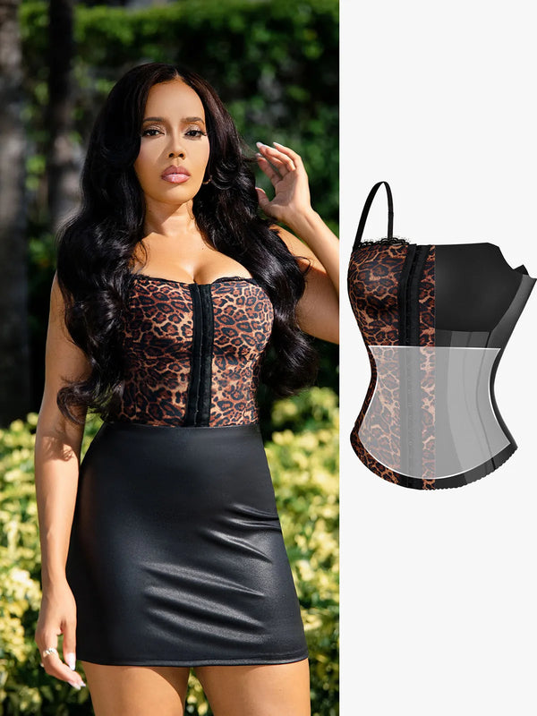 Popilush X Angela Shapewear Leopard Mesh Detachable Strap Sculpting Corset Top