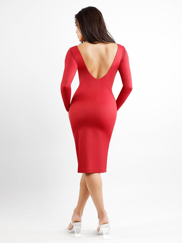 Abito midi modellante con scollo a barca e maniche lunghe Shapewear