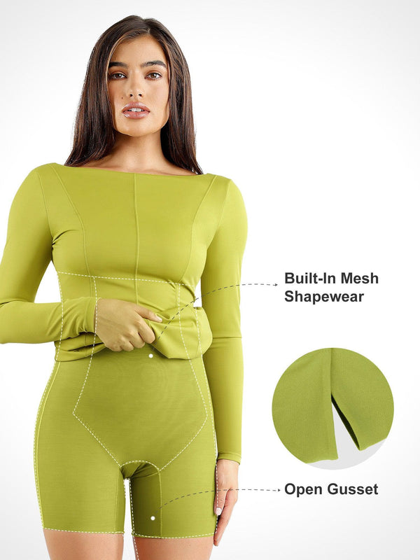 Abito midi modellante con scollo a barca e maniche lunghe Shapewear