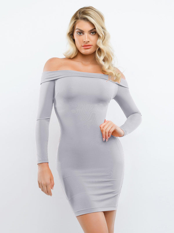 Mini abito aderente con maniche lunghe e spalle scoperte Shapewear
