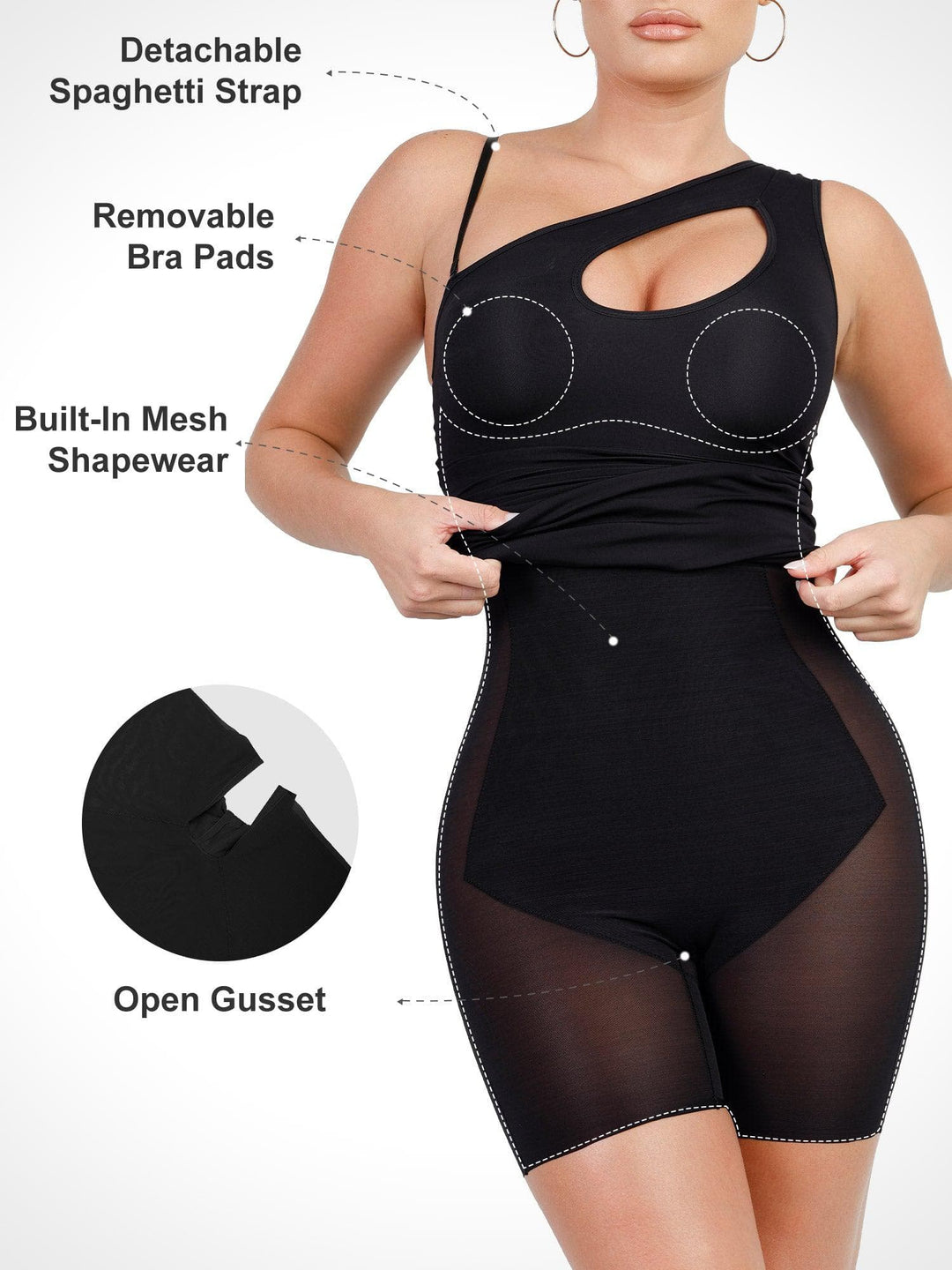 Shapewear One Shoulder Cutout Tummy Control Mini Dress Popilush EU Shapewear One Shoulder Cutout Tummy Control Mini Dress Popilush EU