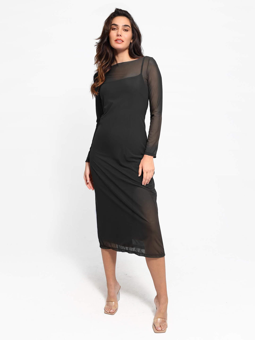 black dress with sheer overlay Shapewear Slimming Midi Dress and Sheer Mesh Overlay Set – Popilush EU