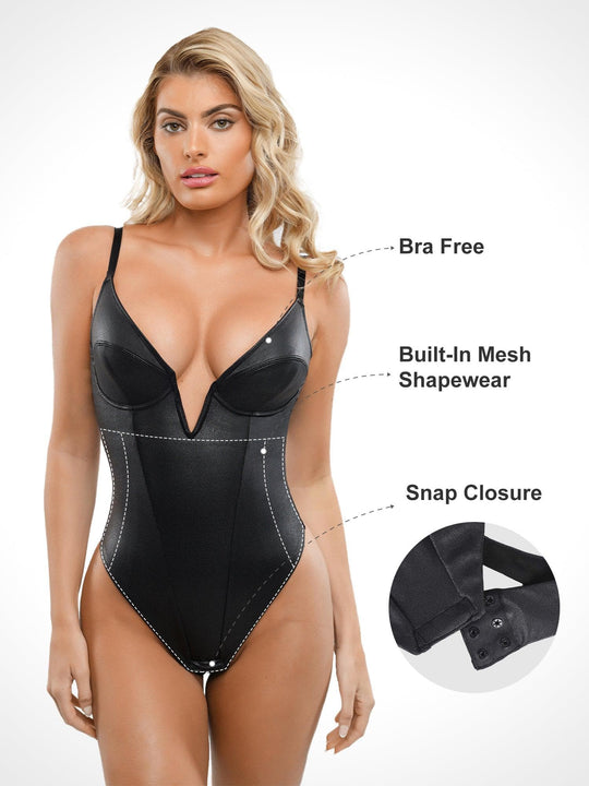 Popilush? Tops Body Shaper Tank Deep V-Neck Leather Shapewear Thong Bodysuit