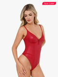 Body con corsetto modellante a V con scollo a V in similpelle