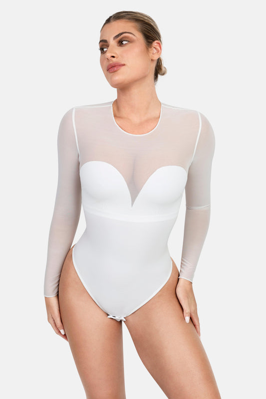 Shapewear-Bodysuit aus Illusionsnetz mit langen Ärmeln und Bauchkontrolle