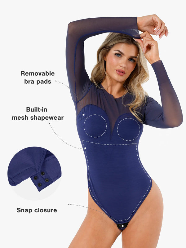 Shapewear-Bodysuit aus Illusionsnetz mit langen Ärmeln und Bauchkontrolle