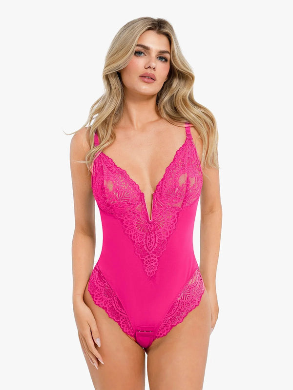 Body modellante con perizoma e scollo a V profondo in pizzo Shapewear
