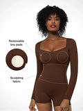 Popilush® Sculpting Seamless Shorts Jumpsuit Winter Built-In Bra Shapewear Long Sleeve Sweetheart Neckline Romper