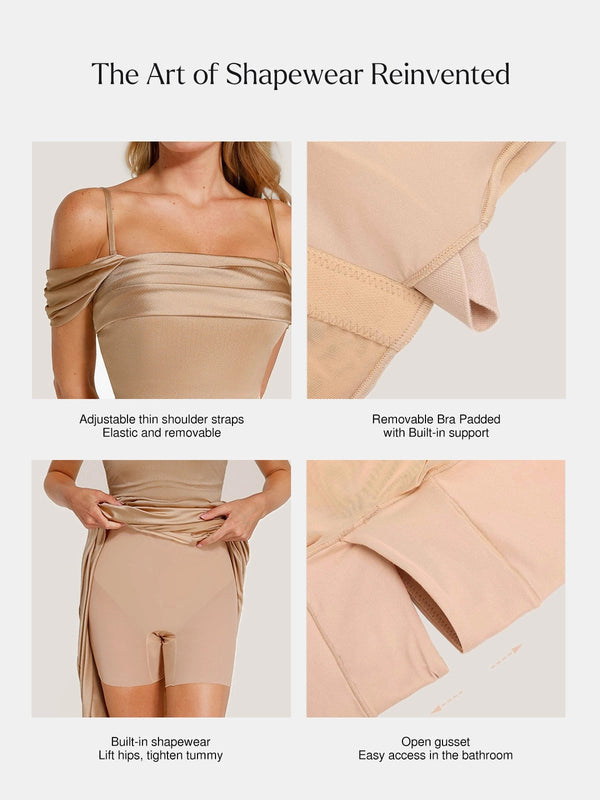 Vestido largo moldeador con hombros descubiertos, fruncido y brillo