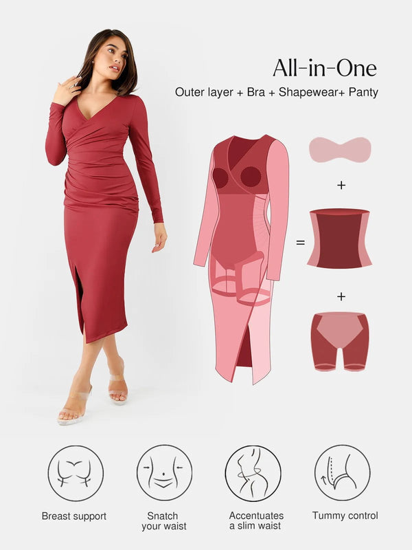 Abito midi snellente con maniche lunghe e arricciate Shapewear