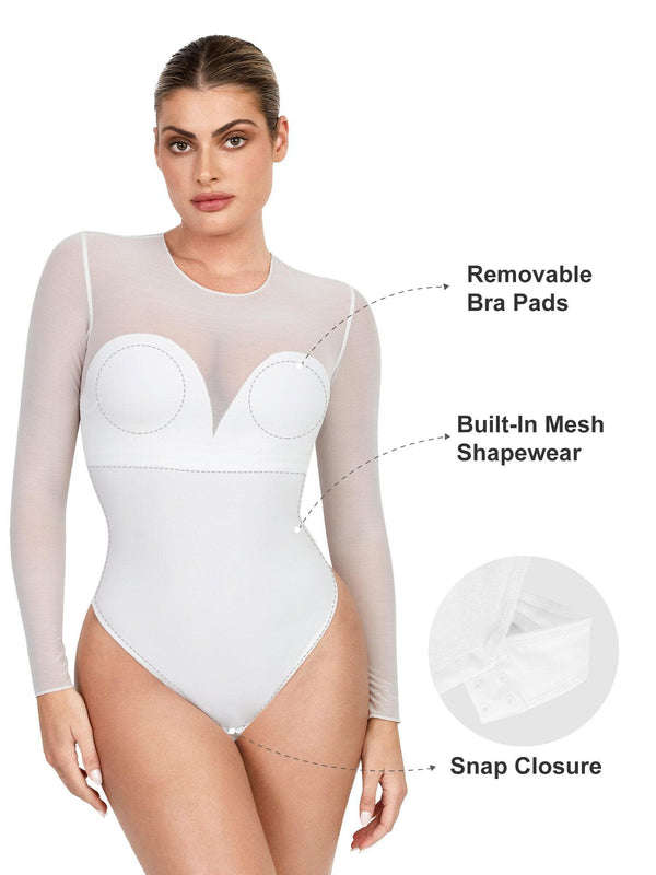 Shapewear-Bodysuit aus Illusionsnetz mit langen Ärmeln und Bauchkontrolle