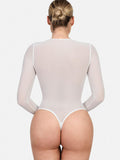 Shapewear-Bodysuit aus Illusionsnetz mit langen Ärmeln und Bauchkontrolle