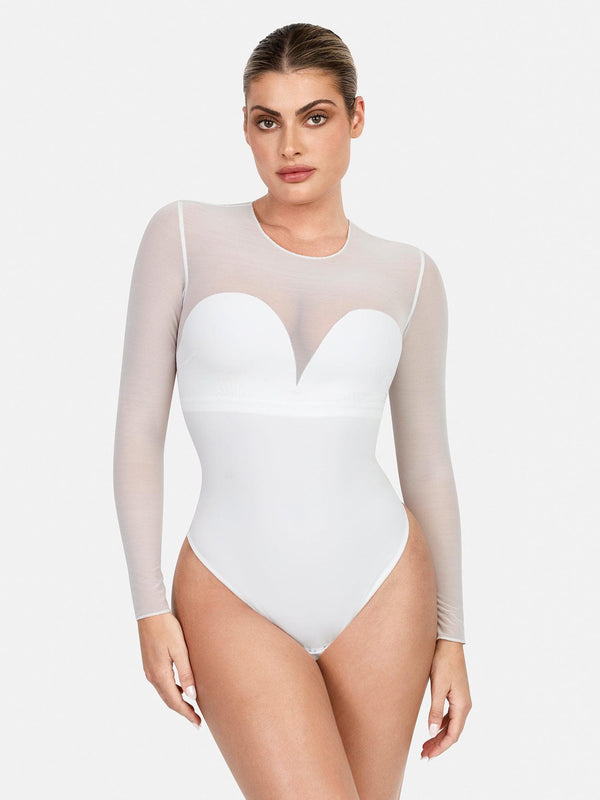 Shapewear-Bodysuit aus Illusionsnetz mit langen Ärmeln und Bauchkontrolle